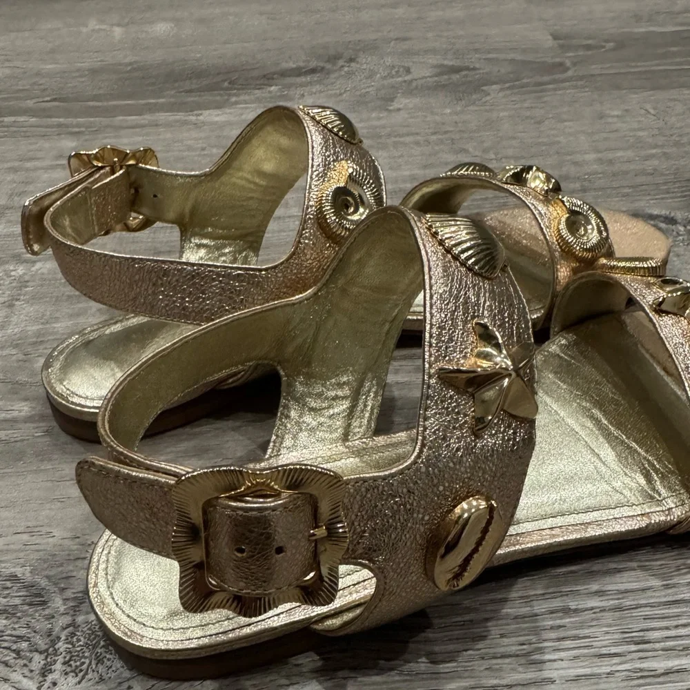 LARROUDE PREOWNED MADISON GOLD LEATHER SHELL SANDALS 6 ANTHROPOLOGIE - Picture 10 of 16